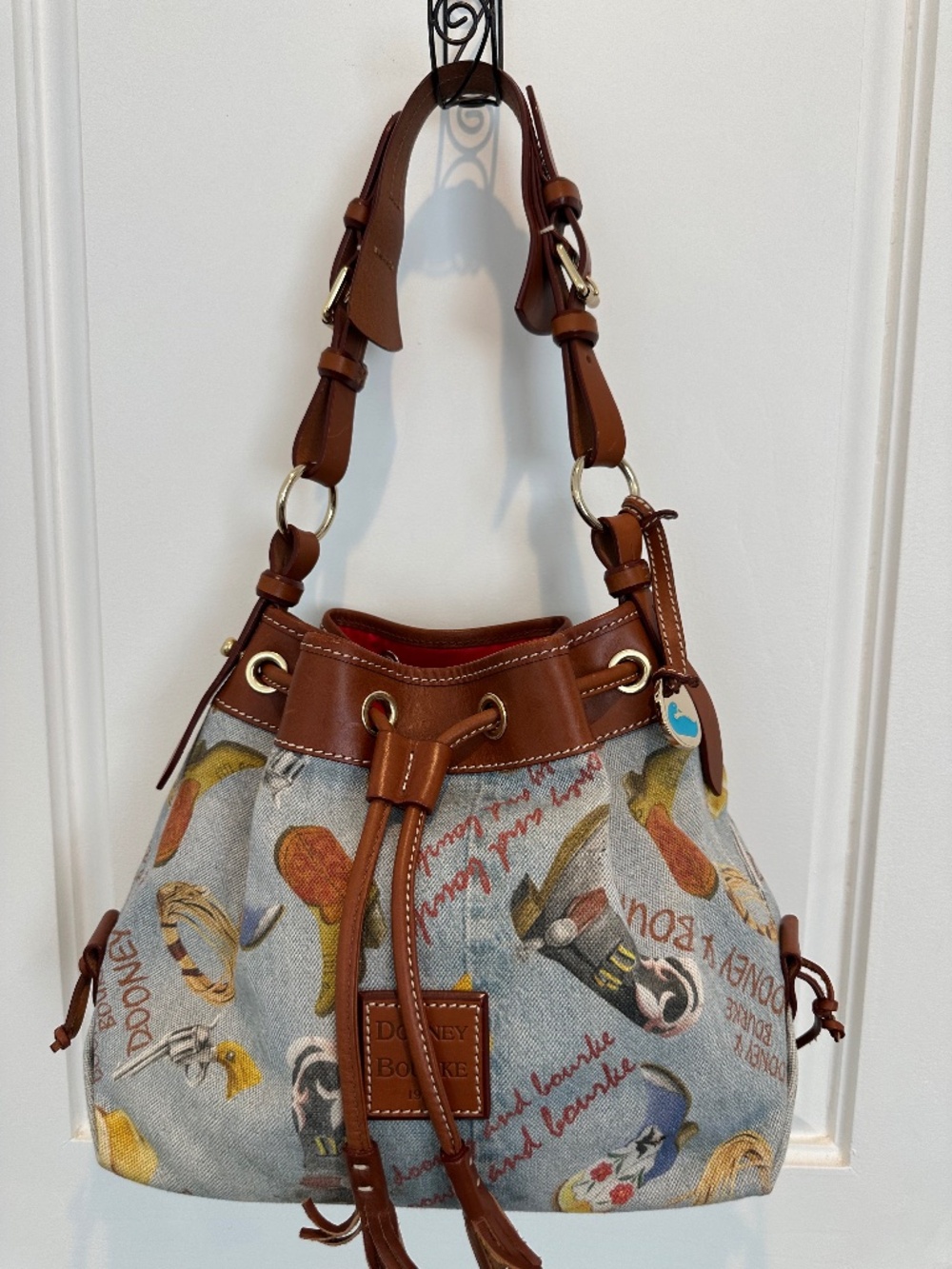 Dooney & Bourke Cowgirl Western Canvas & Brown Leather Drawstring Shoulder Bag